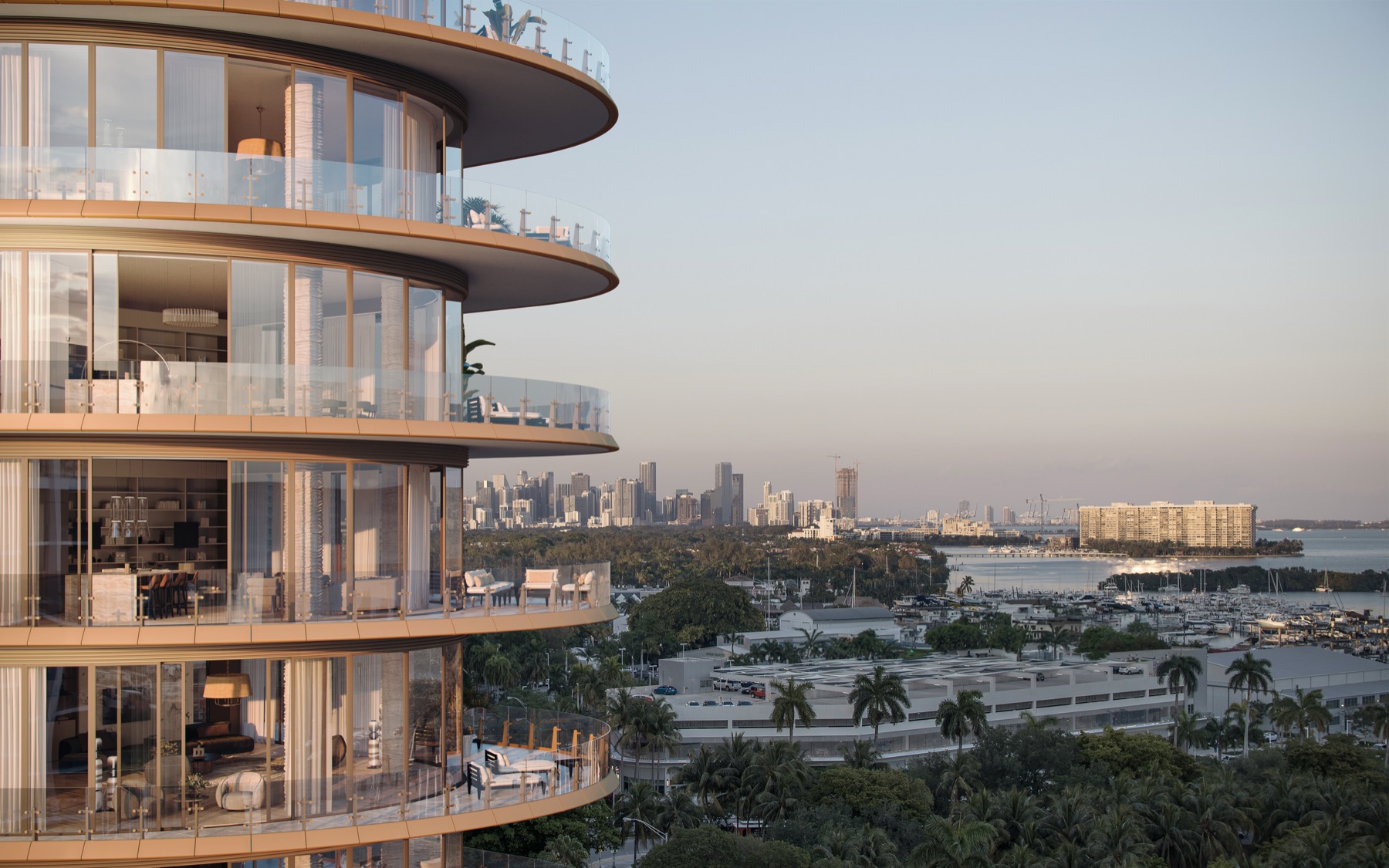 Architectural exterior view of Four Seasons Private Residences Coconut Grove — curvilinear façade inspired by palm fronds and mangrove roots, set against the Coconut Grove canopy and Biscayne Bay.