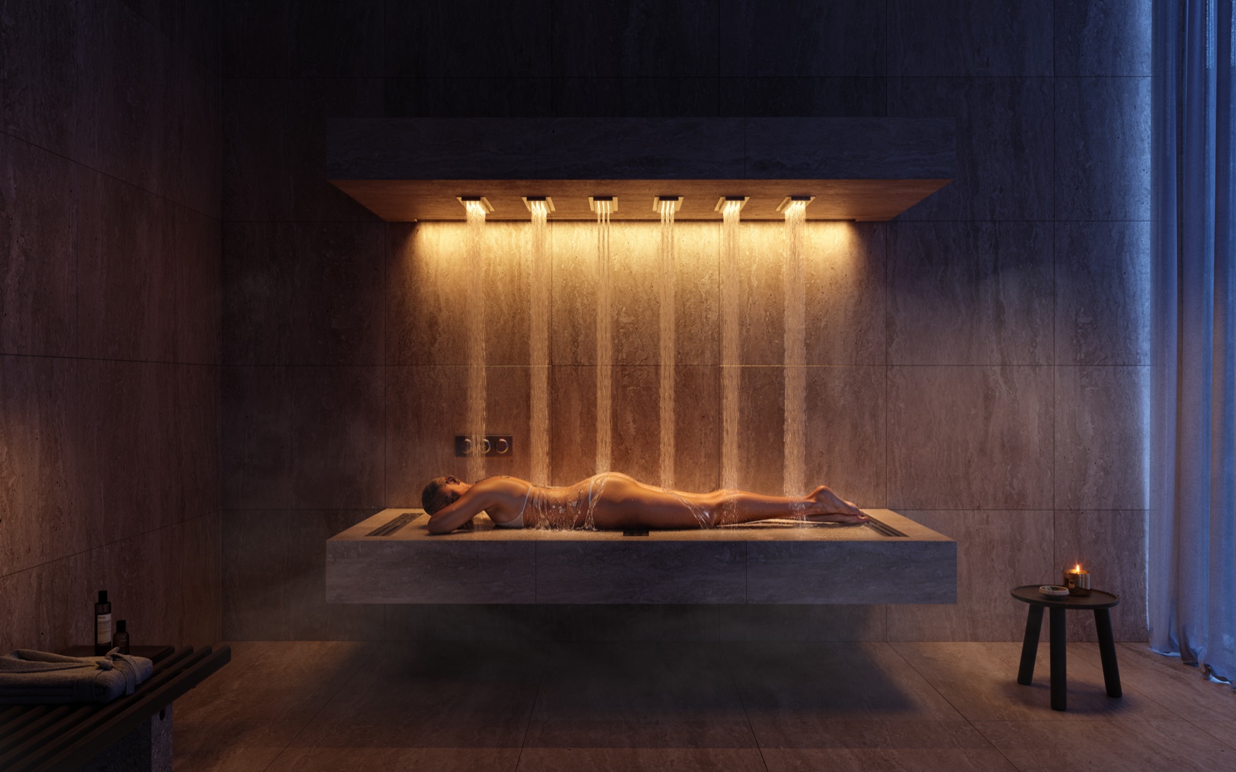 Horizontal hydrotherapy shower at Four Seasons Private Residences Coconut Grove — inspired by Sebastian Kneipp's pioneering hydrotherapy principles.