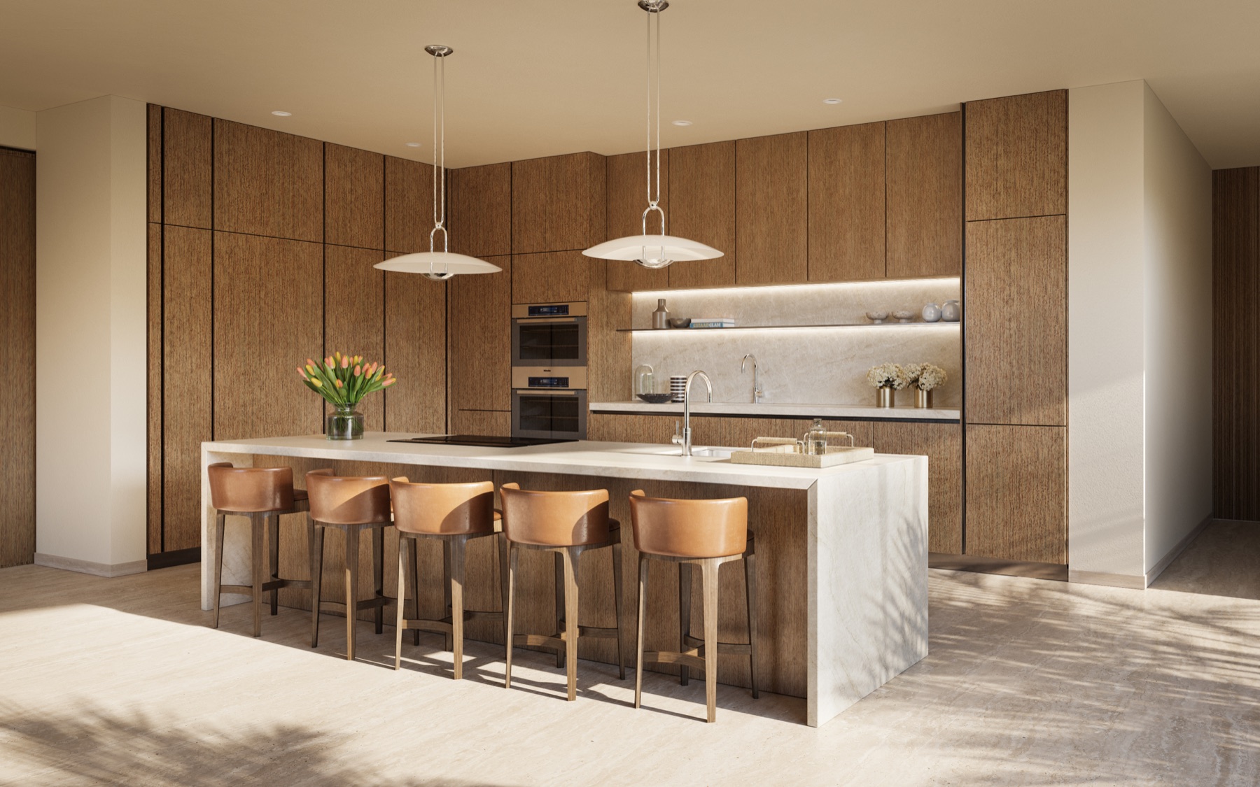 Residence kitchen at Four Seasons Private Residences Coconut Grove — designed by Michele Bönan Interiors with Molteni&C cabinetry, Miele appliances, and Dornbracht polished chrome faucet.