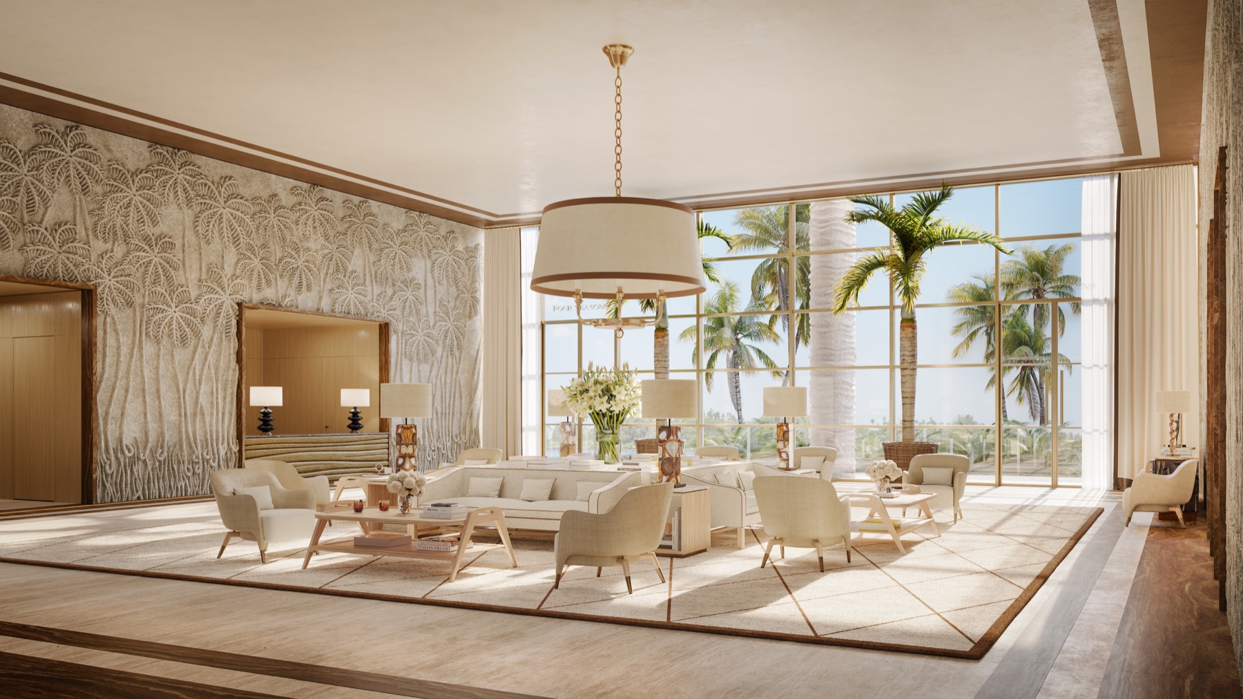 Residential lobby at Four Seasons Private Residences Coconut Grove — Michele Bönan signature statement walls with reliefs of palm leaves, organic lines, and rich tropical textures.
