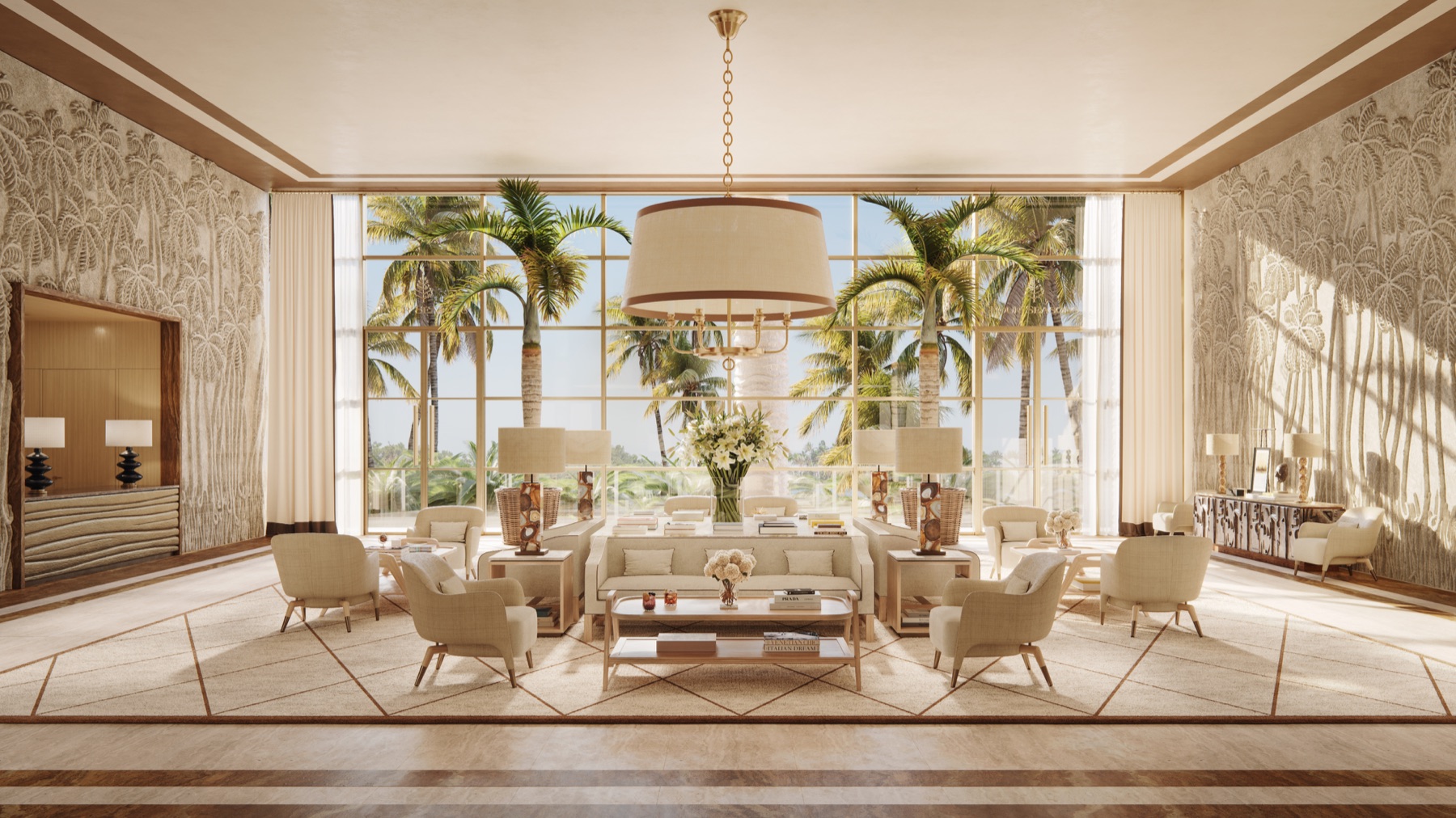 Lobby view at Four Seasons Private Residences Coconut Grove — soft-hued residential warmth inspired by the Coconut Grove landscape, leading to library and bar lounge.