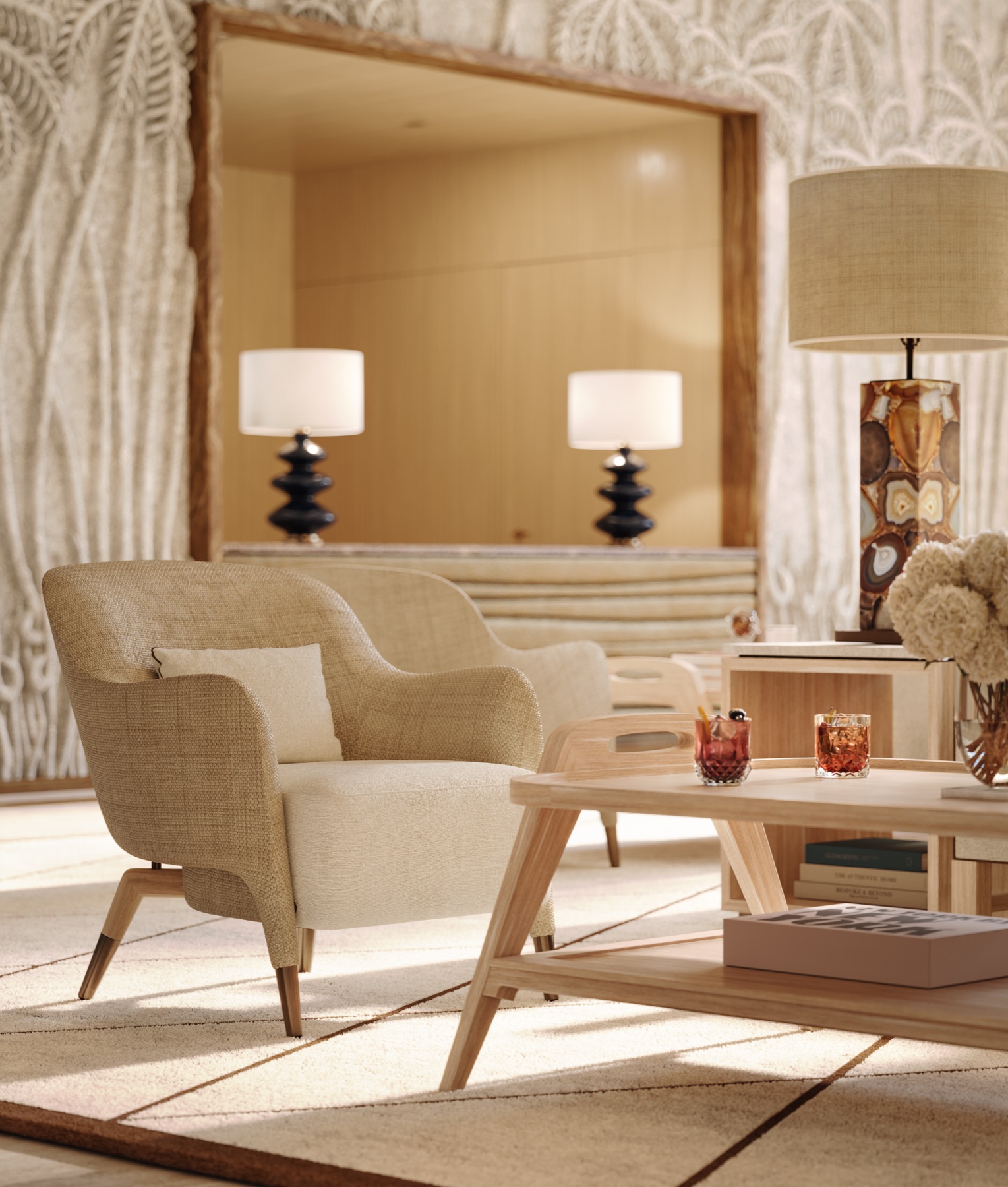 Lobby detail at Four Seasons Private Residences Coconut Grove — elegant furniture, organic lines, and rich tropical textures from Michele Bönan Interiors.