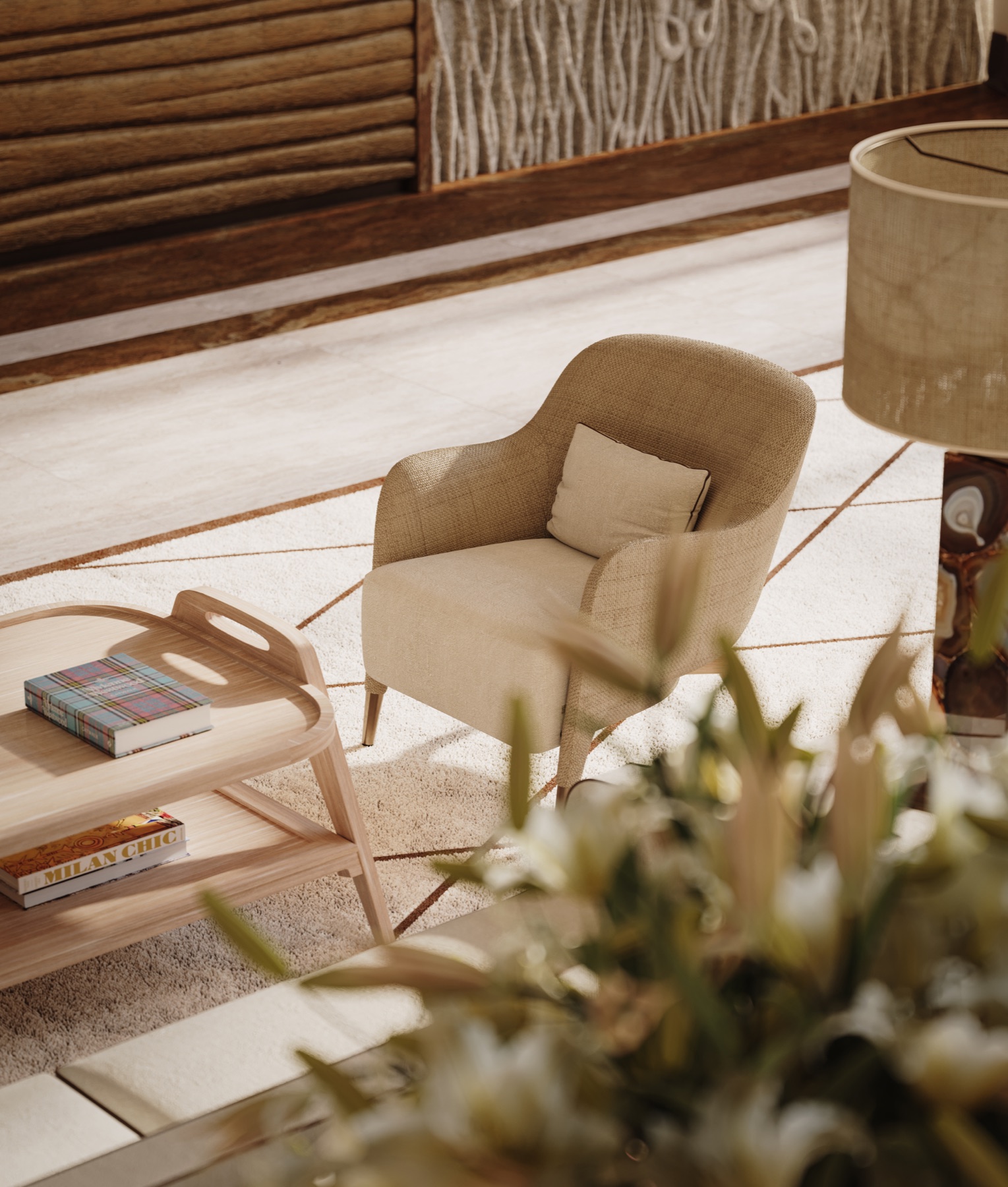 Refined lobby detail at Four Seasons Private Residences Coconut Grove — Michele Bönan signature reliefs of palm leaves, elegant furniture, organic lines.