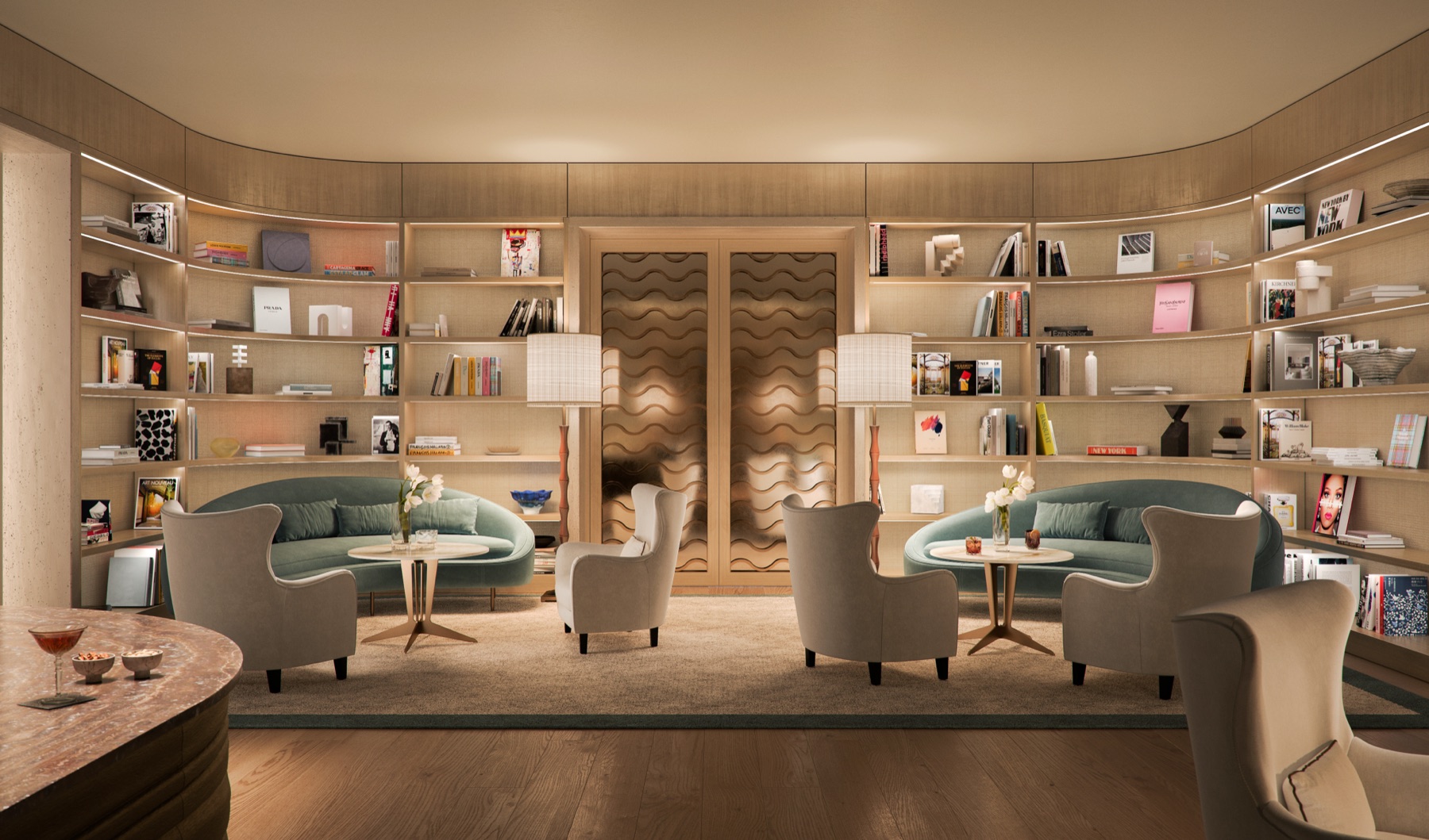 Residential lounge at Four Seasons Private Residences Coconut Grove — sophisticated library and lounge seamlessly combining refinement with an inviting ambiance.
