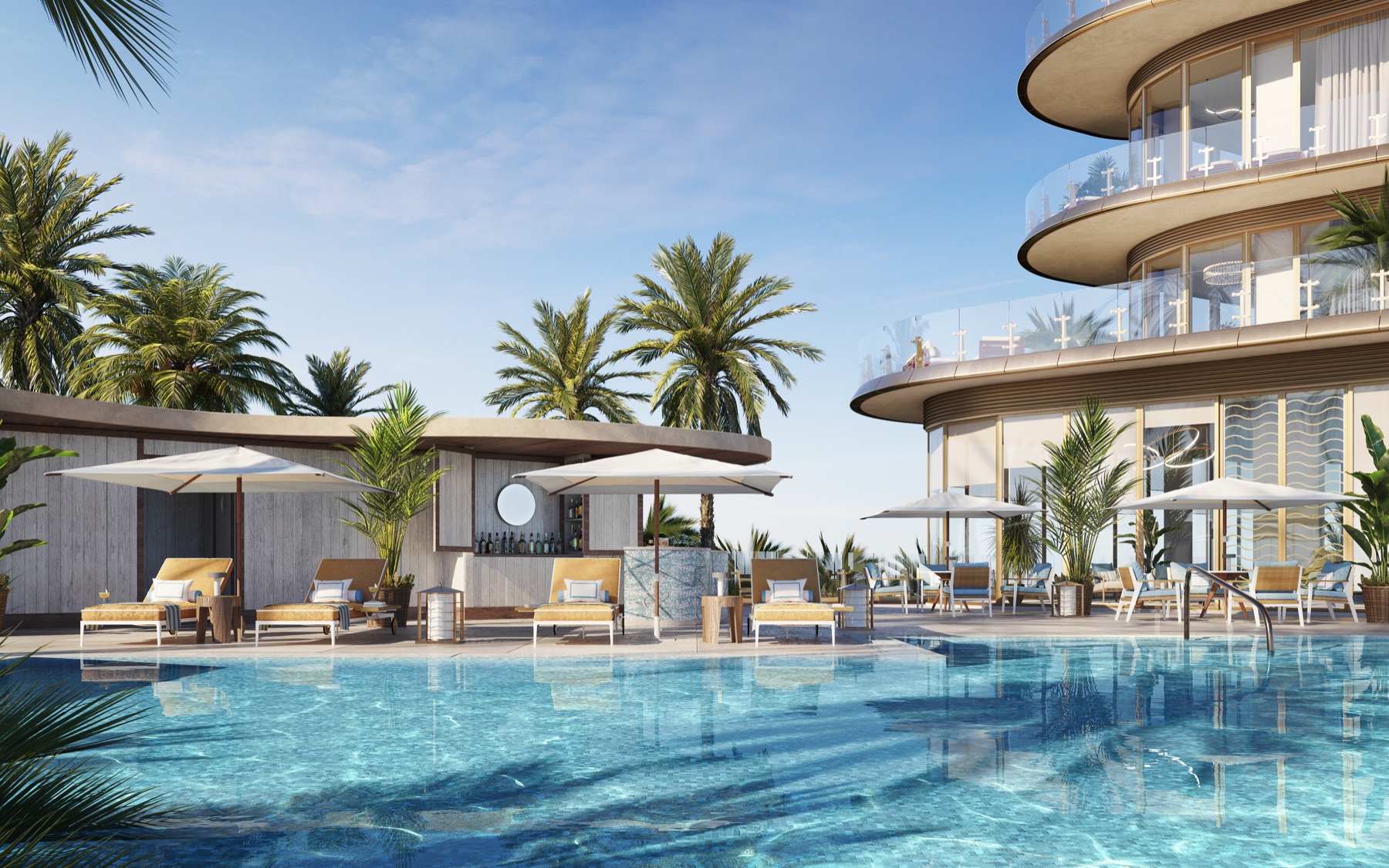 Serviced pool deck at Four Seasons Private Residences Coconut Grove — palm-framed pool deck as the ideal outdoor extension of the signature offering.