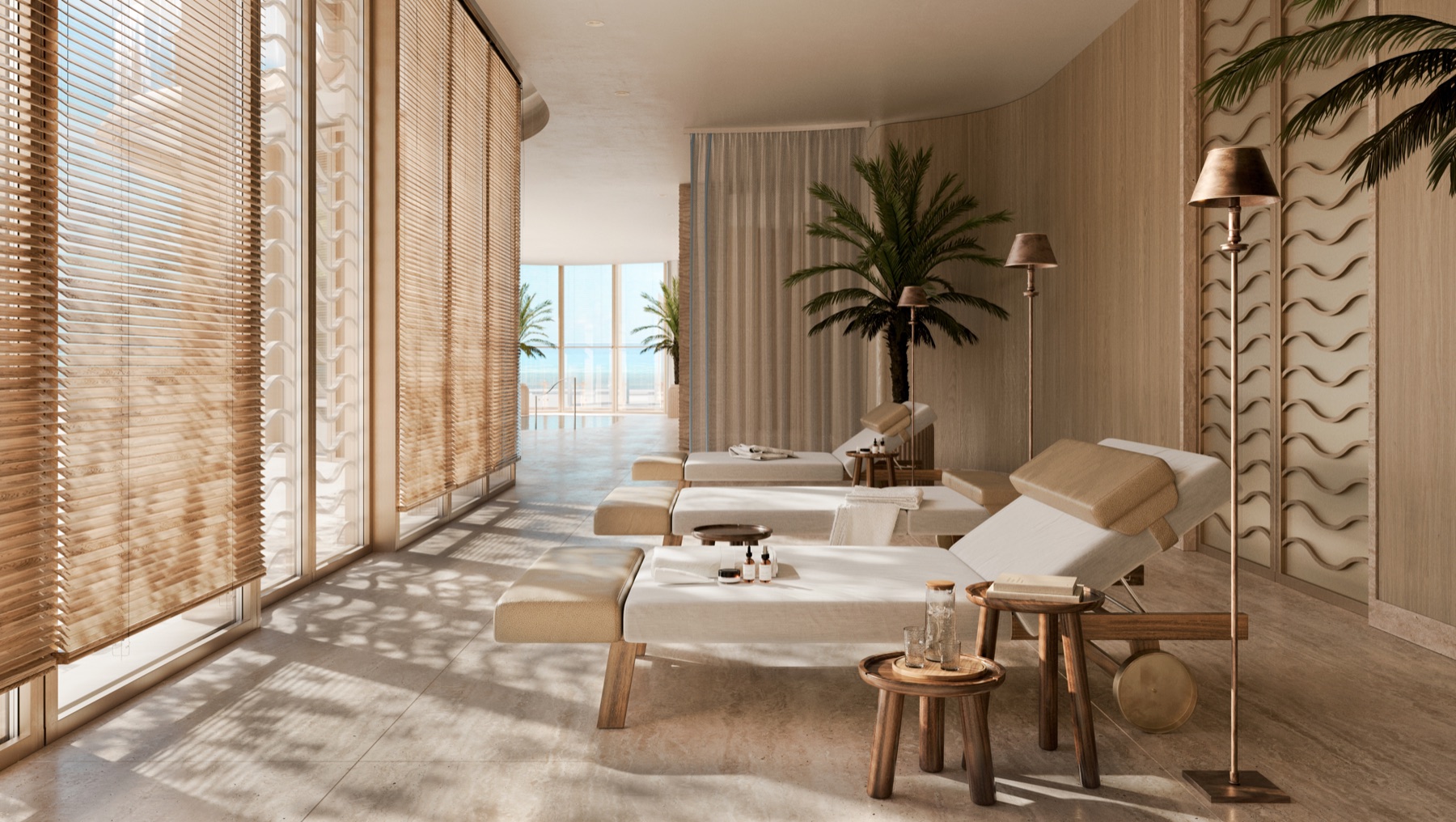 Spa lounge at Four Seasons Private Residences Coconut Grove — hammam and lounge area in soft, restorative ambient design.